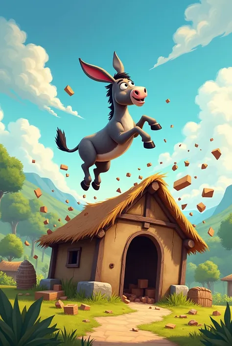 A donkey is standing on the roof of a hut, jumping around, causing the hut to collapse.

