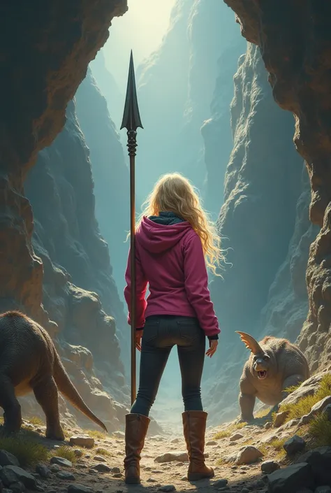 35-year-old beautiful blonde woman with a long, curly hair dressed in a pink jacket is fighting at the entrance to a large cave with some prehistoric animals using a spear. the girl is seen from behind.