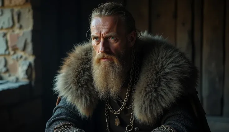 A mid-shot of Harald Bluetooth sitting alone, resting his head on one hand, looking deep in thought. His posture reflects contemplation and solitude, as he stares off into the distance. He is dressed in weathered Viking attire, including chainmail and a fu...