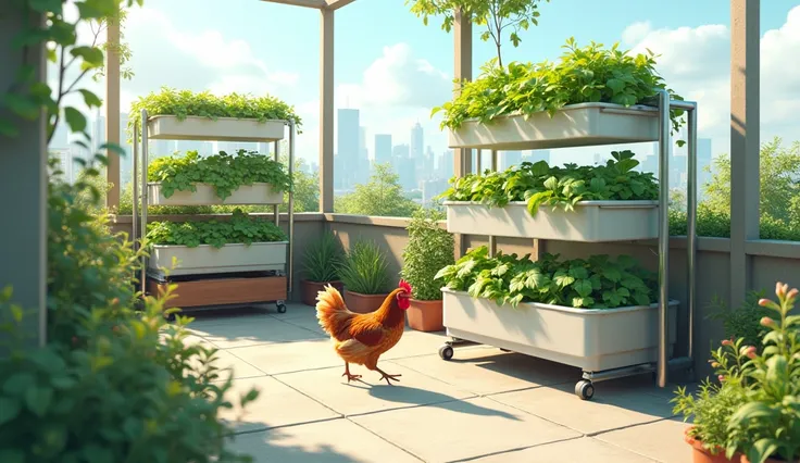 Visual Theme: A small hydroponic system paired with container farming and a single chicken pen in a minimalist yet productive layout. Add subtle greenery and urban structures in the background.
Text Overlay: Bold blue text with a yellow outline reading "7 ...