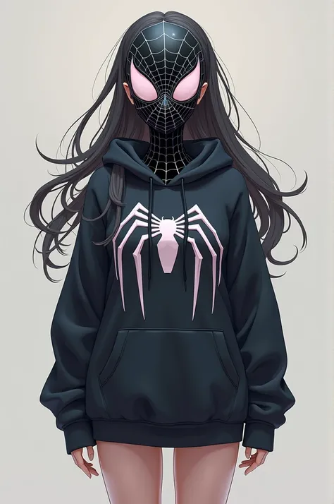 Make a pic of anime girl wearing complete spider mask and hoodie with logo "CNC Newz" and standing straight 