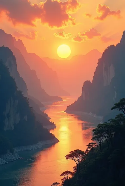 "A serene and majestic sunset scene over an expansive mountain range, untouched by human presence. Soft, fluffy clouds drift gracefully above the peaks, while the golden sun slowly descends towards the horizon, casting a warm, glowing light on the mountain...