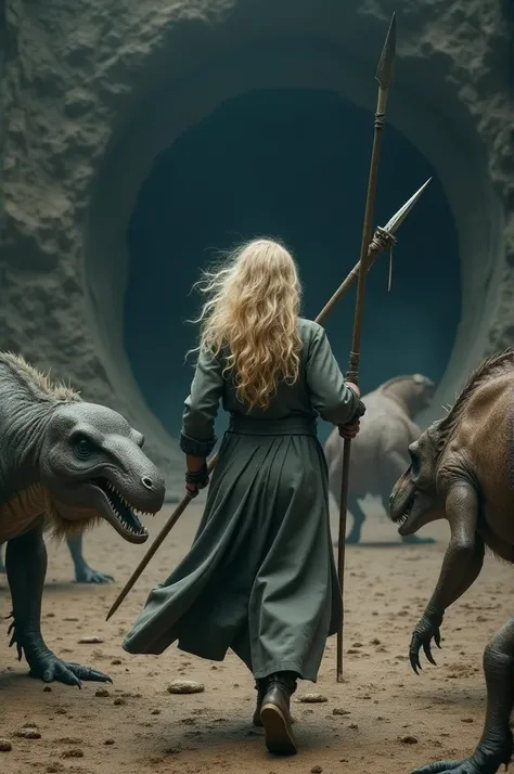 35-year-old blonde woman with a long, curly ass dressed in a gray overcoat is fighting at the entrance to a large cave with some prehistoric animals using a spear. the girl is seen from behind.