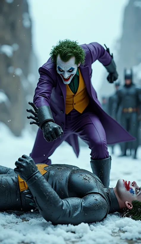 "Create an intense and dramatic scene of the Jokers victory over Batman in a snowy canyon. Batman lies defeated on the ground, his armored suit scratched and damaged, with visible signs of the brutal fight. The Joker, wearing his iconic purple suit, green ...