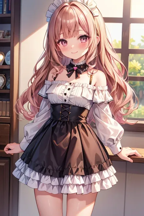 maid, mini skirt, off shoulder, frilled clothing, front view, looking at viewer, bob, wavy hair, diagonal bangs, shiny hair, blonde, brown hair, pink hair, gradient hair, adult, blush, shy, smiling, standing