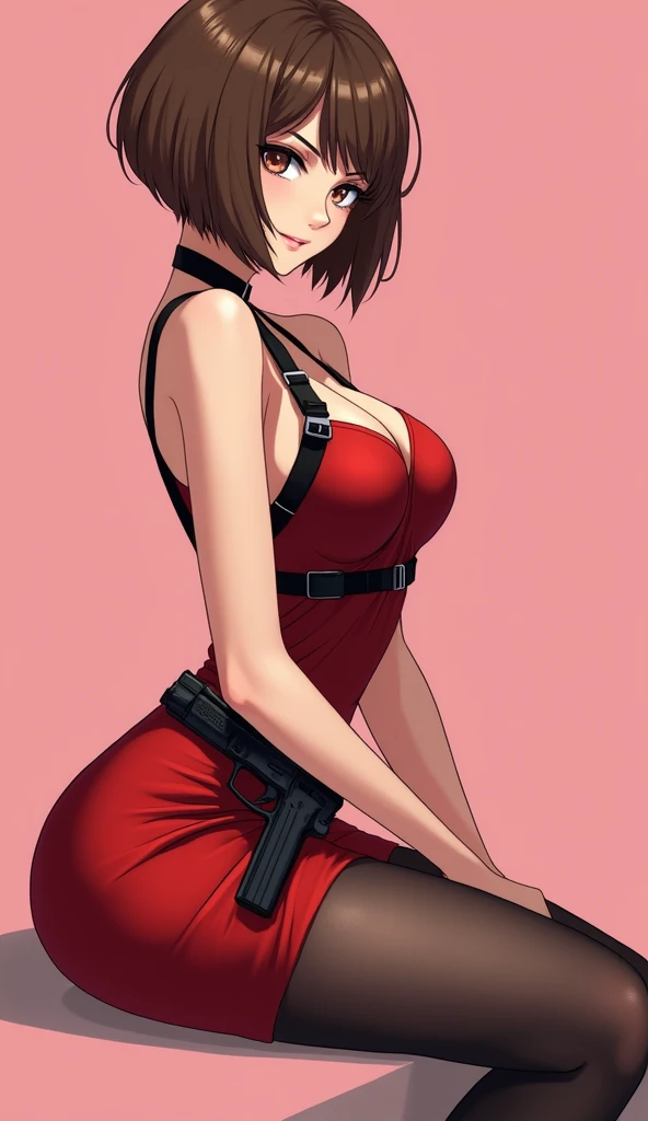 A highly detailed and stylish AsterAnime-style illustration of a confident and alluring woman with a short, sleek bob haircut with soft brown highlights. She is wearing a form-fitting red dress with a high slit, paired with black tactical straps and a hols...