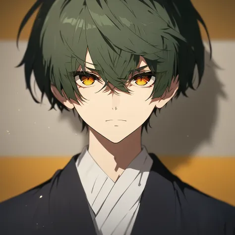  character profile,  Background Blur ,  close your mouth, Adult male, handsome,solo, bangs, Green Hair,  shortcut,  Amber Eyes , Gloomy face,  character profile,  Background Blur ,  high definition ,  Ultra High Definition, accurate, anime風, anime, 