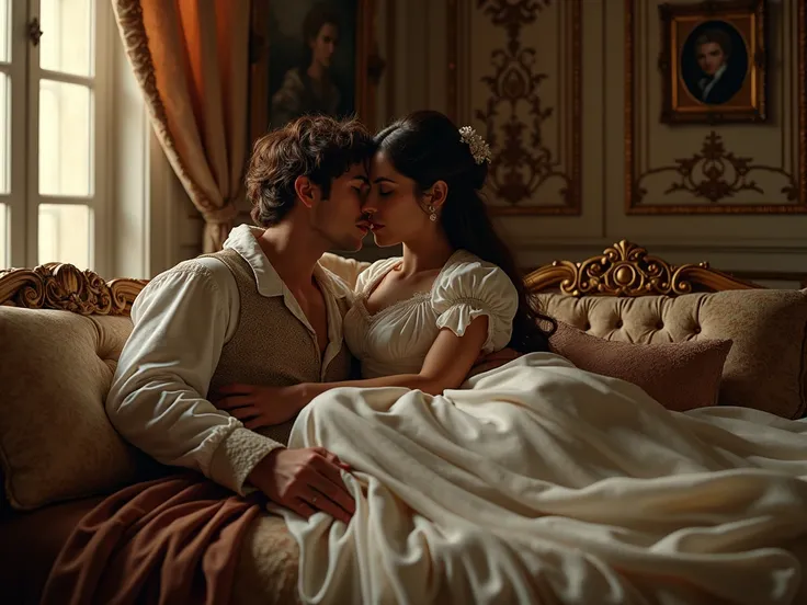 In 1700s France, Aristocrat French adults making out in a beautiful luxurious bed room. She is sitting on top of him