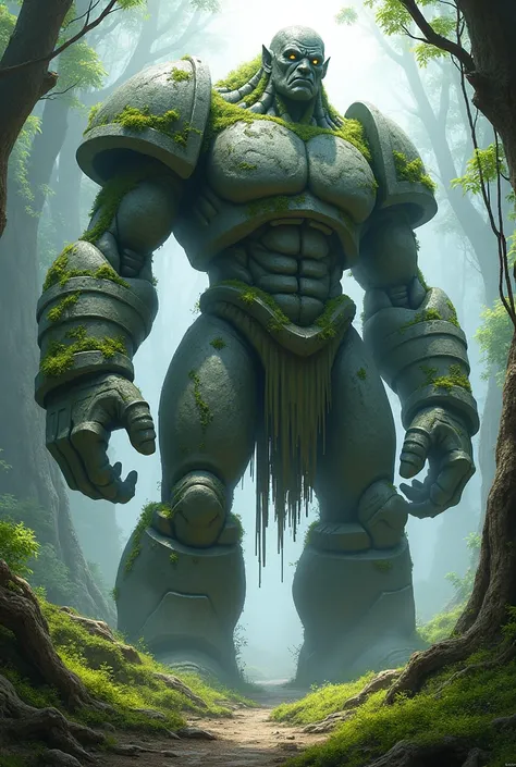  The rock golem is incredibly huge . Standing.  and wears clunky armor made of stone all over its body. Moss can be seen everywhere .