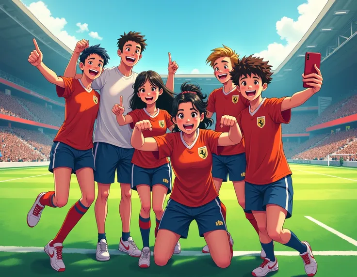 full view, Group of young friends selfie in football scene, illustation style, Fun, manga style, full body