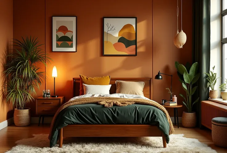 8.  Retro style bedroom interior design ,  70s-inspired bedside table .  Use earthy orange palette ,  mustard gold and olive green .  Geometric pattern wall decor ,  bed with dark velvet bedspread . Vintage table lamp ,  dark wood bedside cabinet .  Floori...