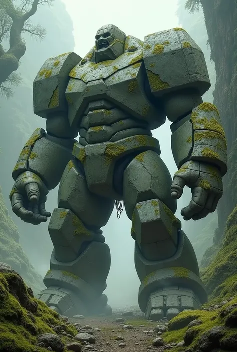  The rock golem is incredibly huge . Standing.  and wears clunky armor made of stone all over its body. Moss can be seen everywhere . Fat.