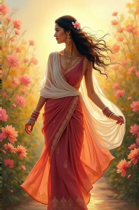 " A beautiful Indian woman walks gracefully wearing a traditional sari made of light maroon,  embellished with gold embroidery .  shawl  (pallu )  A thin and transparent white dangles from her shoulders ,  flutters gently in the wind .  Her long hair is ad...