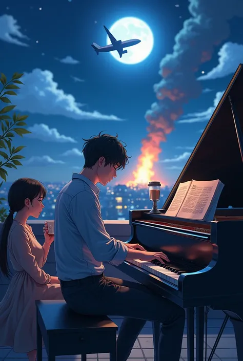 Anime man play piano at rooftop in night time with full moon with teacher sit after him and drink a coffee and many audiences with a plane fly away and get bombed