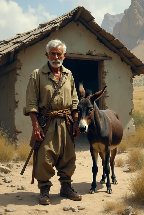 A donkey and a man are standing in front of a broken hut.

