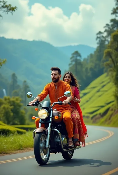 Messi and his wife driving  bike in munnar kerala with indian traditional dress