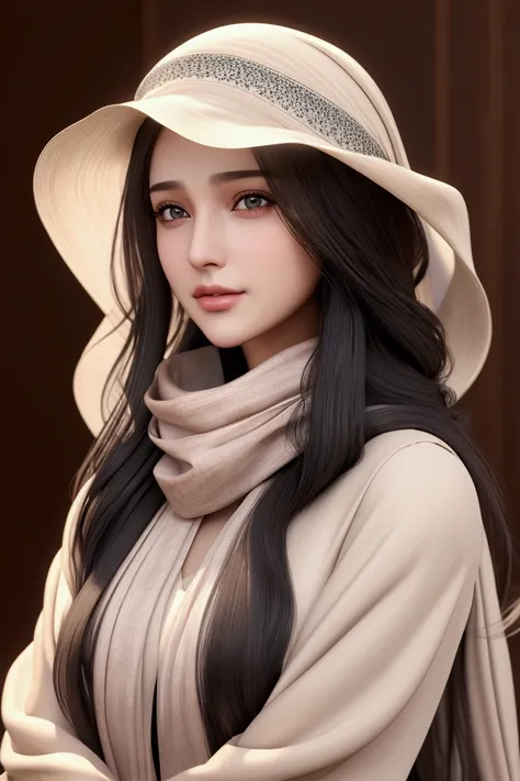 Long Haired Arabian Style Woman Wearing Hat and Scarf, Photorealistic Digital Art 4k, realistic digital art 4k, Soft Portrait Shot 8K, photo realistic art style , photoRealistic beautiful face, cinematic realistic portrait , beautiful digital artwork , Rea...