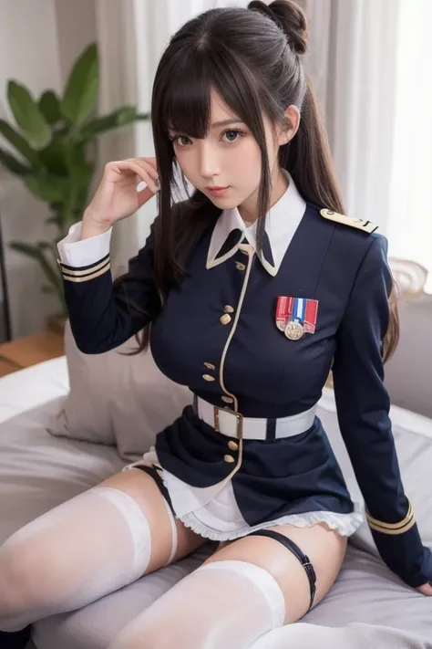 knee-high socks,colossal breasts,very long hair,bangs with hair,hair bun,slender body,petite body,garter belt,huge massive thighs,sexy uniform,seductive  uniform,cute uniform,small  uniform,very tiny uniform