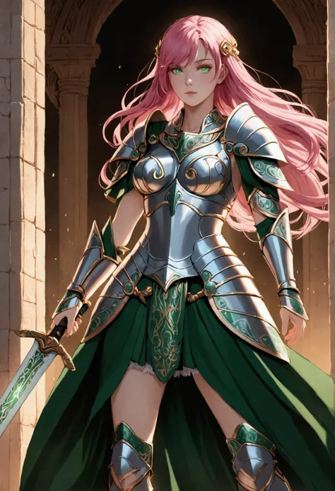 Ancient music goddess with pink hair and green iris with fair skin wearing armor with a skirt and sword as a weapon