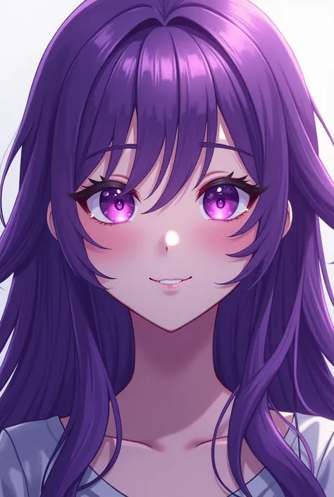 ***Girl 19 years old*** ***Purple skin***. Long purple hair color. Dark purple Eyes. Friendly smile. Anime