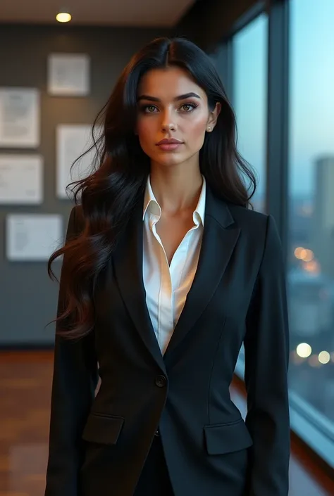  best quality , image from afar,  a beautiful woman , long hair and black ,  dark brown eyes,  round face, long and striking lashes ,  lawyer with a serious and confident expression ,  wearing an elegant suit, white social shirt, lawyer standing ,  gesturi...