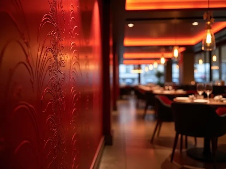 Can you create a background of a shot in a close-up fancy restaurant in red? Mainly to be visible the wall with modern decoration and just a few tables.