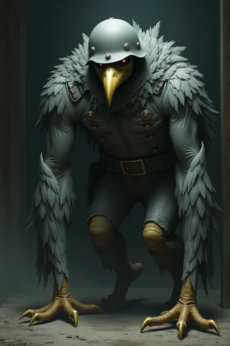 A humanoid feathered creature, grey and long beak, no eyes, no teeth, wears a ww1 German uniform damaged, and a damaged pickelhaube on his head, has a hood made of his own feathers covering his head, has 3 big yellowish talons on his hands, creepy