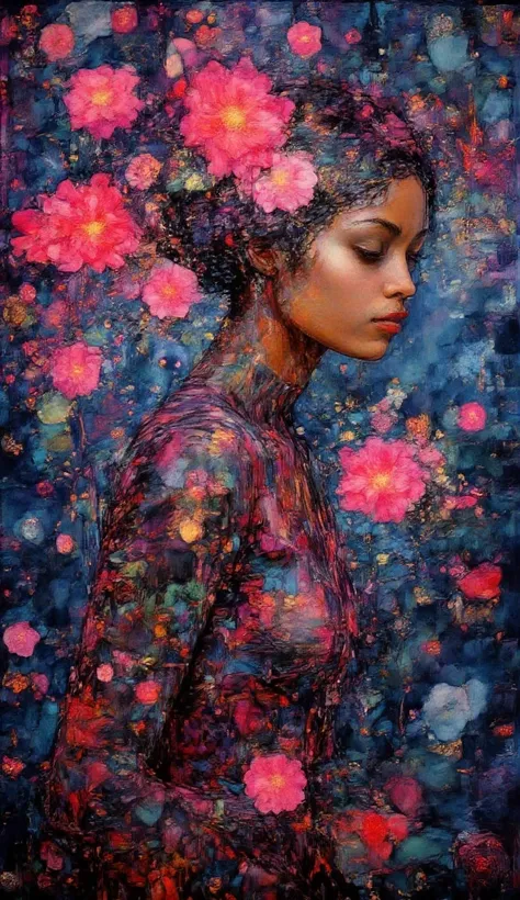 Post-impressionist oil painting with touches of gold of a beautiful lady in profile, dark skin, eyes closed and made up of fuchsia and neon blue, fuchsia lips, a beautiful Zantedeschia aethiopica plant emerges from the torso and extends over her head, the ...