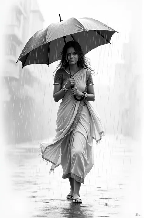 Create a black and white pencilsketch image like an Indian girl walking in rain with umbrella 
And enjoying rain and raining should be visible