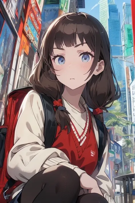 Prompt: Prompt: {(masterpiece), best quality, expressive eyes, perfect face, detailed guns, angry look, 1girl, (Chinese teen),backpack , (()), low ready, schoolgirl, school uniform, long brown hair, brown sweater, knee high socks, empty eyes, blood on face...