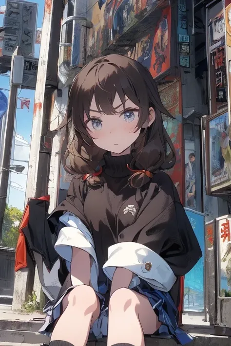 Prompt: Prompt: {(masterpiece), best quality, expressive eyes, perfect face, detailed guns, angry look, 1girl, (Chinese teen),backpack , (()), low ready, schoolgirl, school uniform, long brown hair, brown sweater, knee high socks, empty eyes, blood on face...