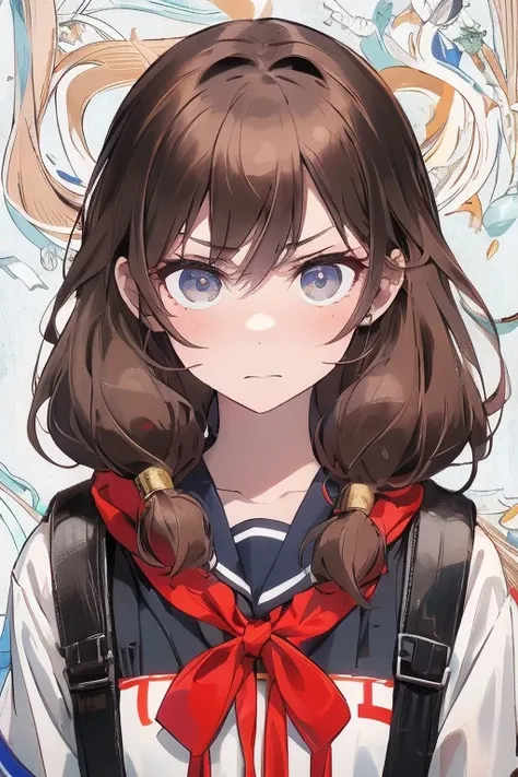 Prompt: Prompt: {(masterpiece), best quality, expressive eyes, perfect face, detailed guns, angry look, 1girl, (Chinese teen),backpack , (()), low ready, schoolgirl, school uniform, long brown hair, brown sweater, knee high socks, empty eyes, blood on face...