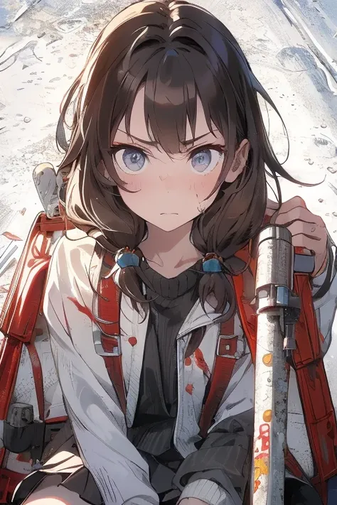 Prompt: Prompt: {(masterpiece), best quality, expressive eyes, perfect face, detailed guns, angry look, 1girl, (Chinese teen),backpack , (()), low ready, schoolgirl, school uniform, long brown hair, brown sweater, knee high socks, empty eyes, blood on face...