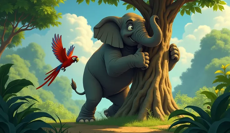 When big elephant push the tree the parrot is flying animated image 