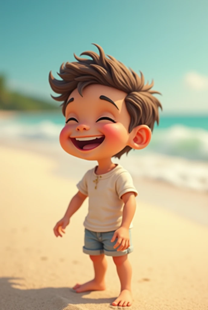  small outdoor， full body portrait ， 18 years old，laughing happily，mini cute baby 、pulled from the side、Sandy beach