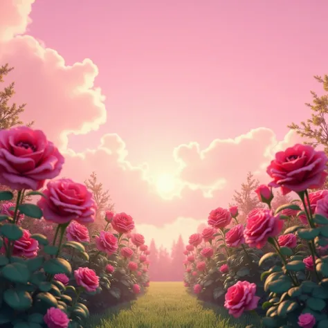 The rose garden has only roses and the sky is pink 