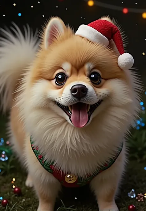 white pomeranian in christmas costume on fantastic background