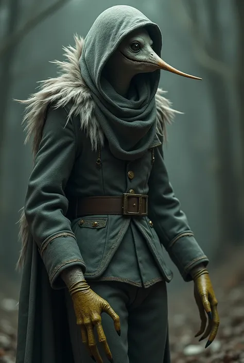 A humanoid very slim feathered creature, grey and long beak, he has no eyes, no teeth, wears a ww1 German uniform damaged, has a hood made of his own feathers covering his head, has 3 big yellowish talons on his hands, creepy, has very thin body proportion...