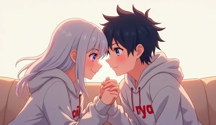 Screencap anime, a girl with white hair and violet eyes with a man with black hair and blue eyes. The boy use hoddie the write "Ciya". And the girl use hoddie who the write "Ryy" in the hoddie happy together.