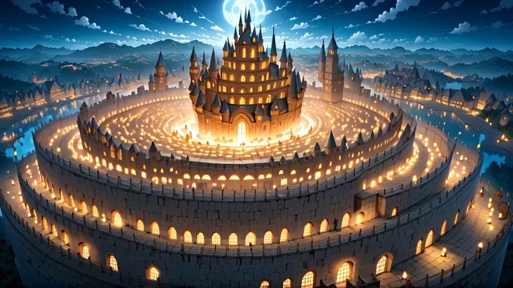 (masterpiece, ultra detailed, top quality:1.4), (Studio Ghibli, animation, PEAnimeBG), BREAK (huge peach moons:1.4), huge medieval European castle town, distant night view from above.