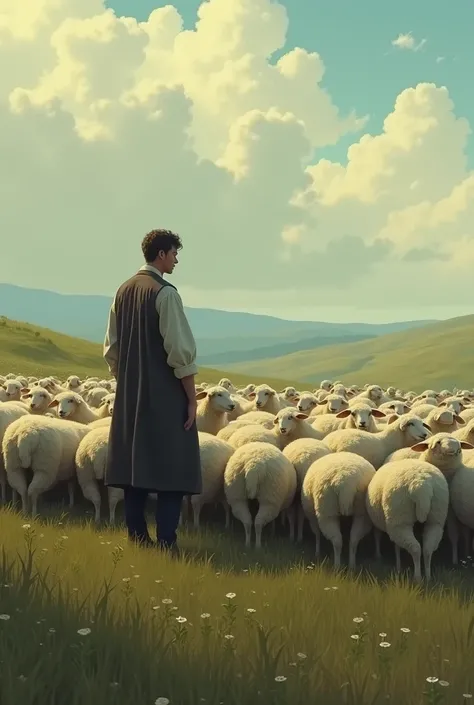 a photo with a herd of sheep and an alone man.make the man look backward