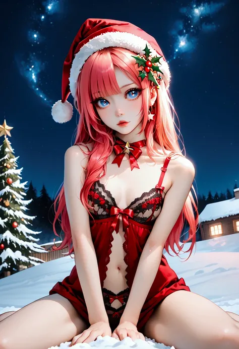 girl with blond hair ((blue eyes)) ((small breasts)) ((sitting in the snow)) dressed in ((Christmas sexy lingerie)) in a Christmas hat ((looking joyfully at the camera)) ((eyes shining like stars)) ((night sky starburst))