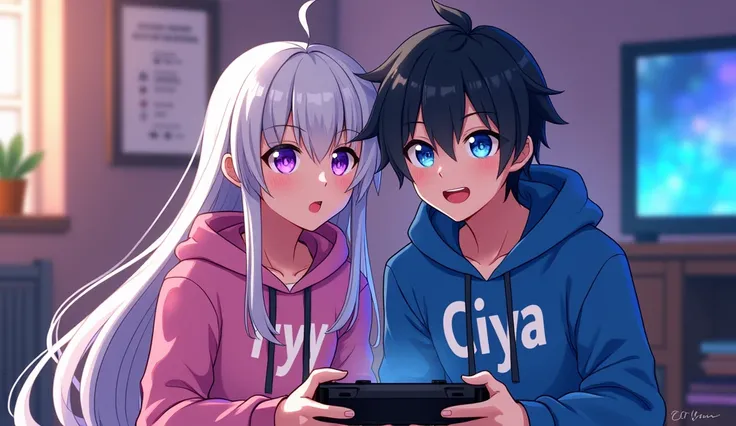 Screencap anime, a girl with white hair and violet eyes with a man with black hair and blue eyes. The boy use hoddie the write "Ciya". And the girl use hoddie who the write "Ryy". They playing video game together