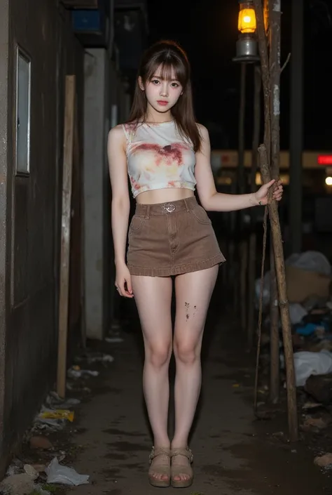 NSFW,
realistic, Press photo, Documentary Technique,
hasselblad, 85mm f1.4 zeiss lens, HDR,
(full body visible:1.5), 
In this photo she is seen from head to toe,
the ground she is standing on is wet,
facing the camera, looking at the camera,
young korean g...