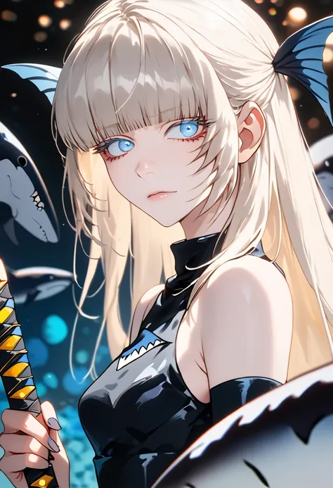 Anime style, 1 girl, 1 sexy girl, white pale skinned girl, porcelain skin, blue eyes, (HAIR: light blonde straight cut, long length, full bangs covering eyebrows, side framing fringe, extra long hair ) (BODY: half shark girl, neck gills, arm fins, dorsal s...