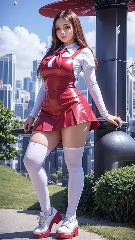 full body , fitted figure , cute beautiful schoogirl, beautiful cute curvy teen face with big lips , High Waisted red leather skater pinafore dress, blouse short puffy sleeves , High Waisted red leather  skater dress, red pioneer neckerchief , brunette lon...