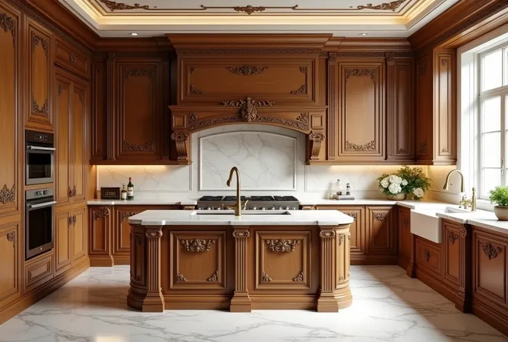 5.  Neoclassical kitchen design with exquisite carved details,  kitchen cabinets and kitchen islands made of premium wood ,  combined with marble materials .  The color palette uses elegant colors such as bronze gold , ivory white and brown wood .  Soft li...