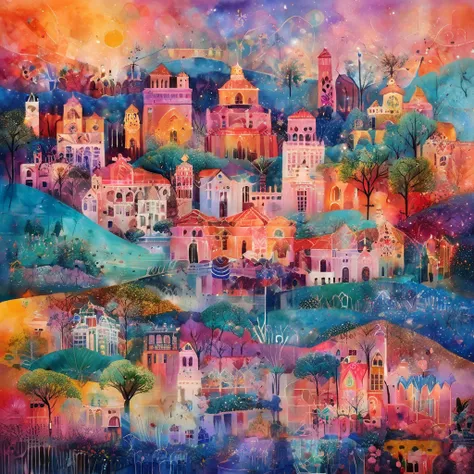 Masterpiece, best quality, high resolution, best composition, dynamic composition, vibrant abstract landscape, colorful village painting with stars, magical village, whimsical fantasy landscape painting, whimsical art, sunshine and whimsical houses, colorf...