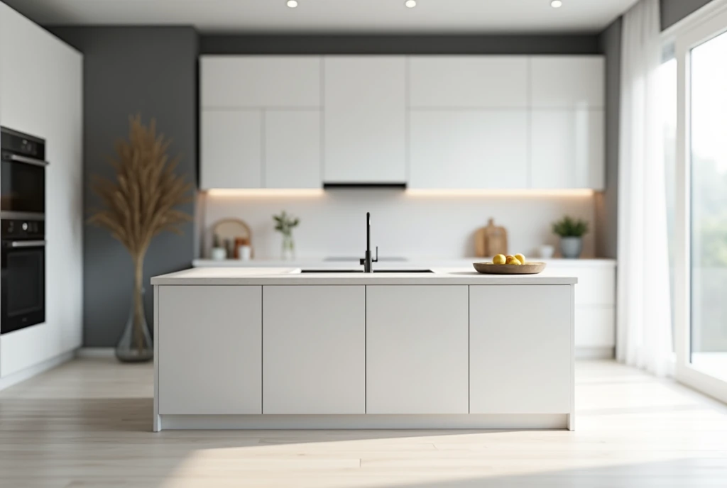 7.  Minimalist kitchen design with flat surfaces , clean.  Kitchen cabinets and appliances hidden away or hidden in space, leave only the basic functions . The main color is white,  black and gray .  The image has a soft focus ,  with the foreground in sha...