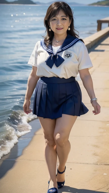 full body shot, from below,  japanese mature, 60 years old,  detailed face , smile, Facial wrinkles, Wrinkles around the eyes,  Detailed Skin Textures ,  white skin,  long hair , (curvy body,  plump thighs:1.3), (earrings,  Necklaces ,  sailor suit, school...